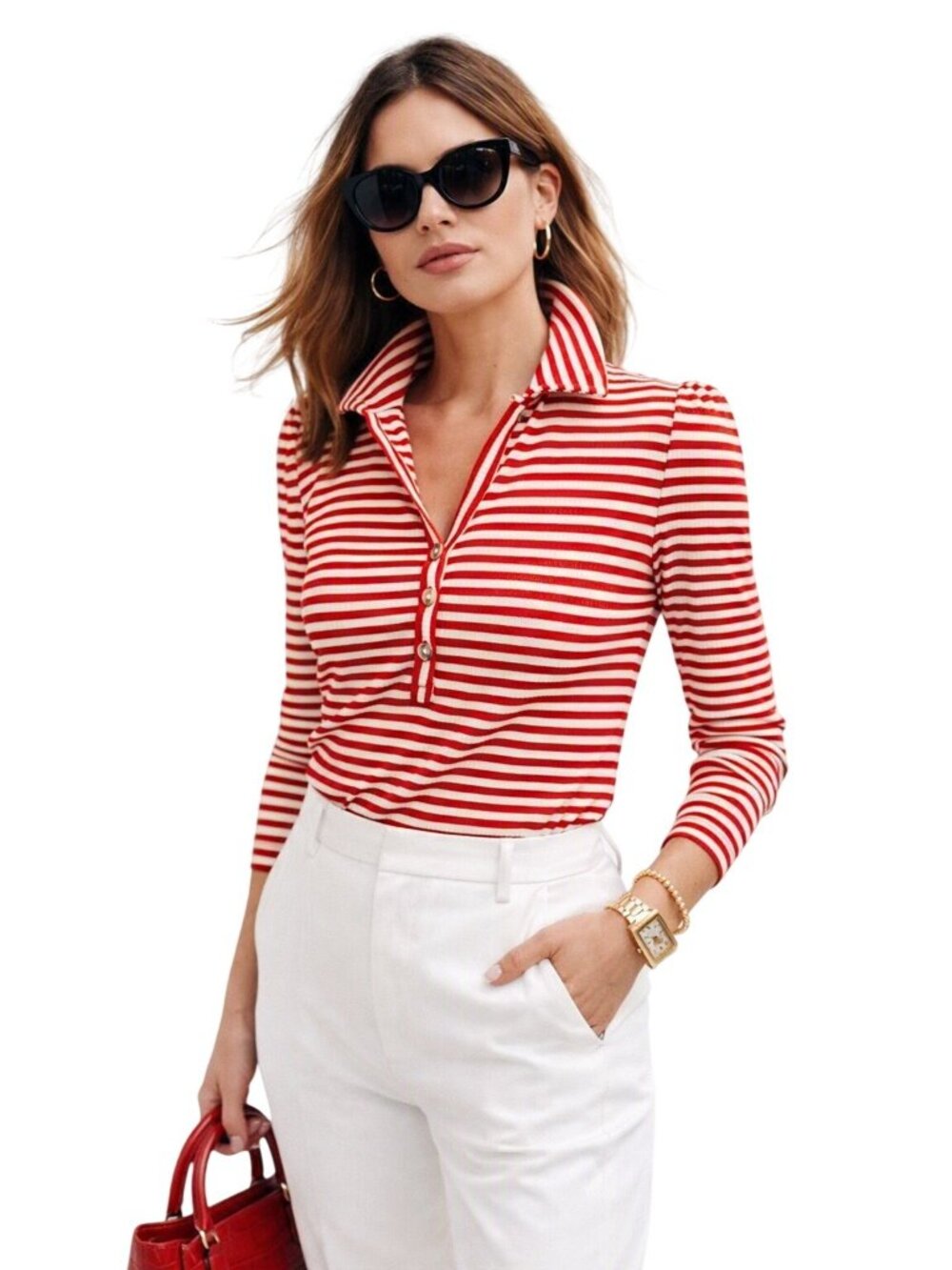 NWT LOFT Red White Striped Nautical Collar Long Sleeve Henley Casual Women Top S